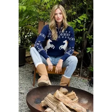 Horse Knit Half up Zipper Sweater